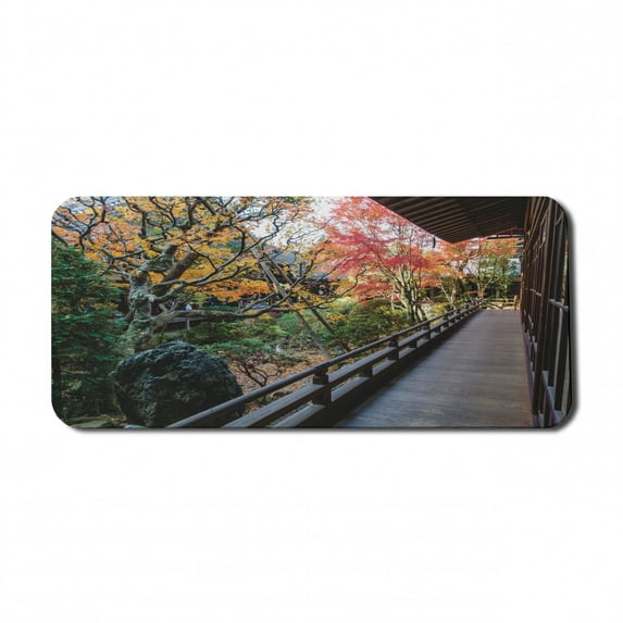 Japanese Computer Mouse Pad, Forest Landscape from a Wooden Balcony in the Fall Paradise Maple Tree Print, Rectangle Non-Slip Rubber Mousepad X-Large, 35" x 15" Gaming Size, Green Brown, by Ambesonne