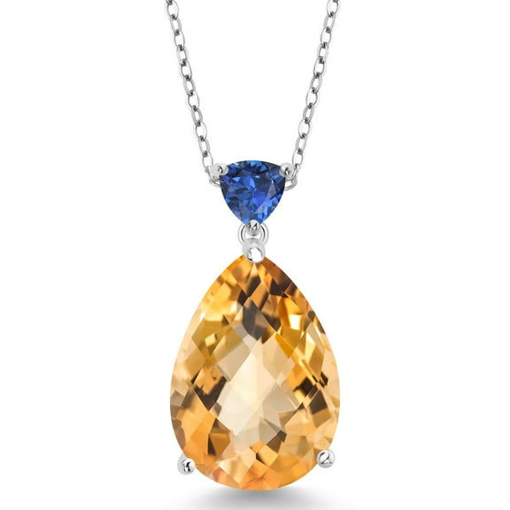 Gem Stone King 11.34 Ct Pear Shape Checkerboard Yellow Citrine Blue Created Sapphire 925 Sterling Silver Pendant with Chain