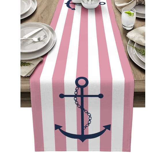 Pink White Striped Table Runner 72 Inches, Navy Blue Beach Nautical Anchor Ocean Coastal Bed Runner Dresser Scarves Tabletop for Indoor Outdoor Parties/Ceremony/Banquet, 18" x 72"