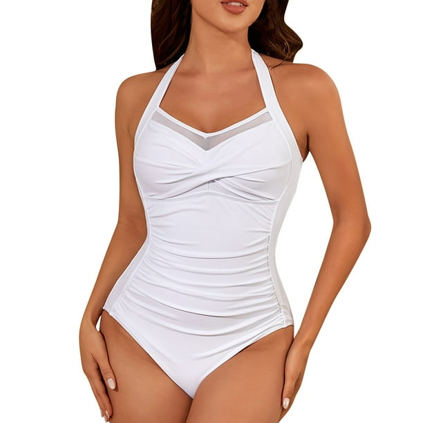 Traje de Baño de Color Sólido de las Mujeres, Doble Correa Delgada Plisada una Pieza para la Playa Y la Piscina, Traje de Baño de Verano Sexy con Cobertura Completa