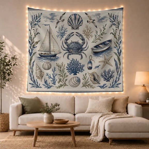Blue Crab and Coastal Elements on Textured Background, Serene Vintage Illustration for Beach Lovers, Coastal Nautical Wall Art, Birthday Gift, Tapestry Wall Hanging for Bedroom and Living Room