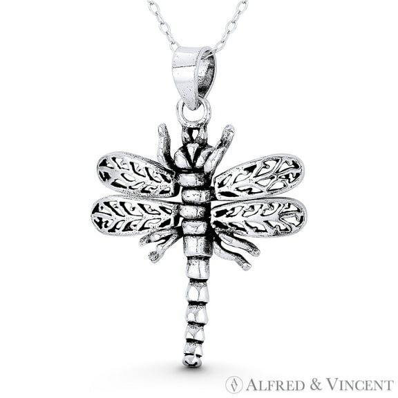 Dragonfly Insect Charm 38x27mm (1.5x1.1in) Pendant Animism Jewelry in Oxidized .925 Sterling Silver