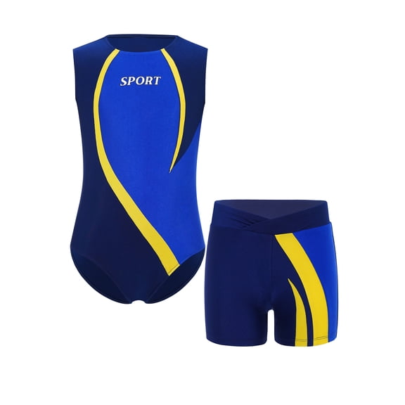 Haitryli Kids Boys Gymnastics Dance outfits Sleeveless Patchwork Sports Jumpsuit Bodysuit And Shorts Navy Blue 6