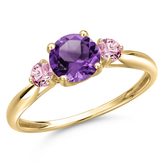 Gem Stone King 10K Yellow Gold Purple Amethyst and Pink Lab Grown Diamond 3-Stone Ring for Women | 1.26 Cttw | Round 6MM | Gemstone February Birthstone | Size 9