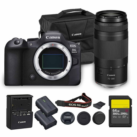 Canon EOS R6 Mark II Mirrorless Camera | 24.2MP Full Frame Sensor 4K 60p Video | Dual Pixel AF In-Body Stabilization for Professionals (5666C002)   Canon RF 75-300mm Lens   64GB Card   Bag