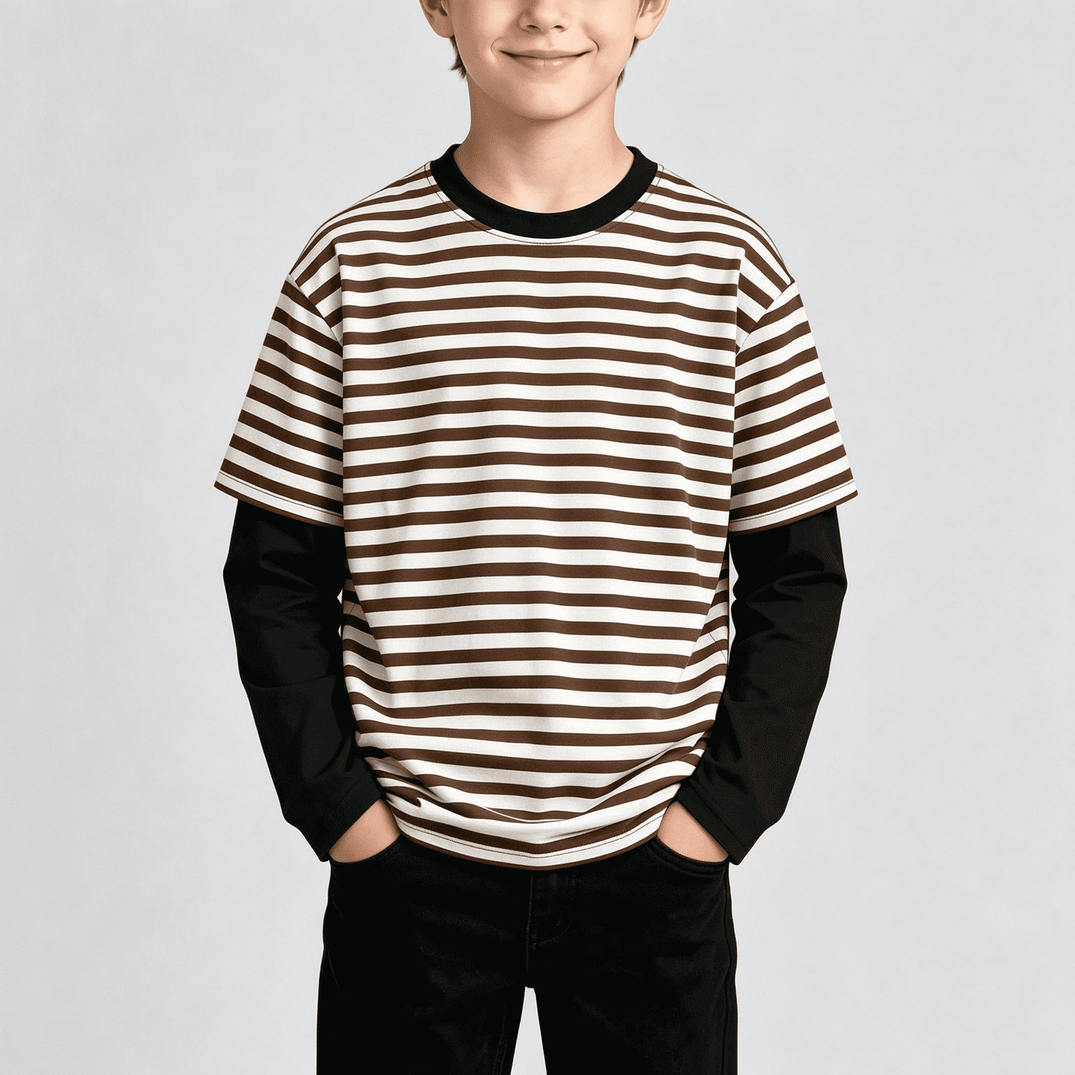 NEBWOAK Boys Striped Twofer Shirt Color Block Long Sleeve Crewneck Casual Everyday Base Layer Khaki Size 10