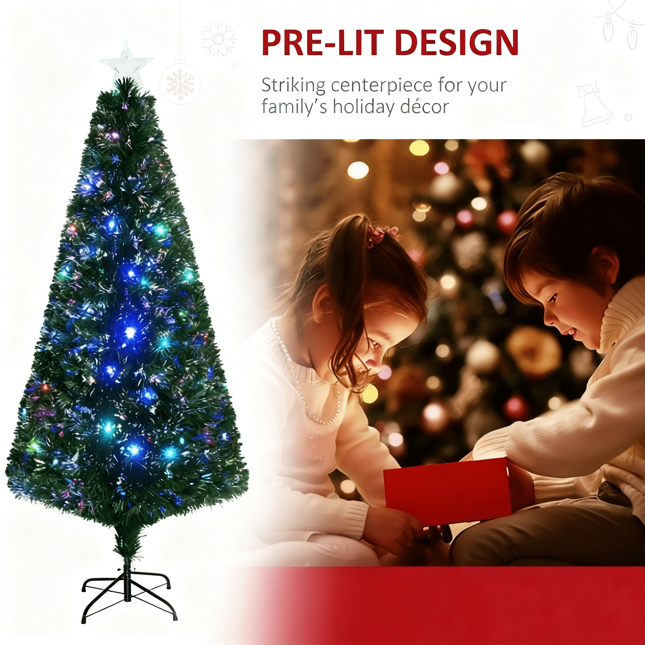 6ft Artificial Christmas Tree with Fiber Optic & LED Lights, Star Topper, Steel Base, 230 Tips for Christmas Decor