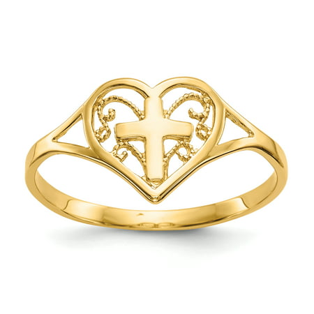 14k Yellow Gold Heart Cross Religious Band Ring Size 6.75 S/love Fine Jewelry For Women Gift (Best Gold Ring Designs For Ladies)