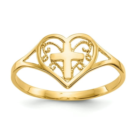 14k Yellow Gold Heart Cross Religious Band Ring Size 6.75 S/love Fine Jewelry For Women Gift (America's Best Wings Golden Ring)