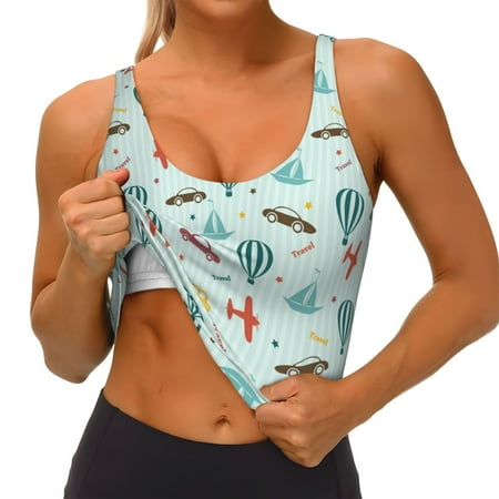 Qokaie Transport Travel Pattern Womens Scoop Neck Sports Bra Breathable Workout Vest Padded U Back Medium Impact Fitness Gym Yoga Bra Workout Crop Top