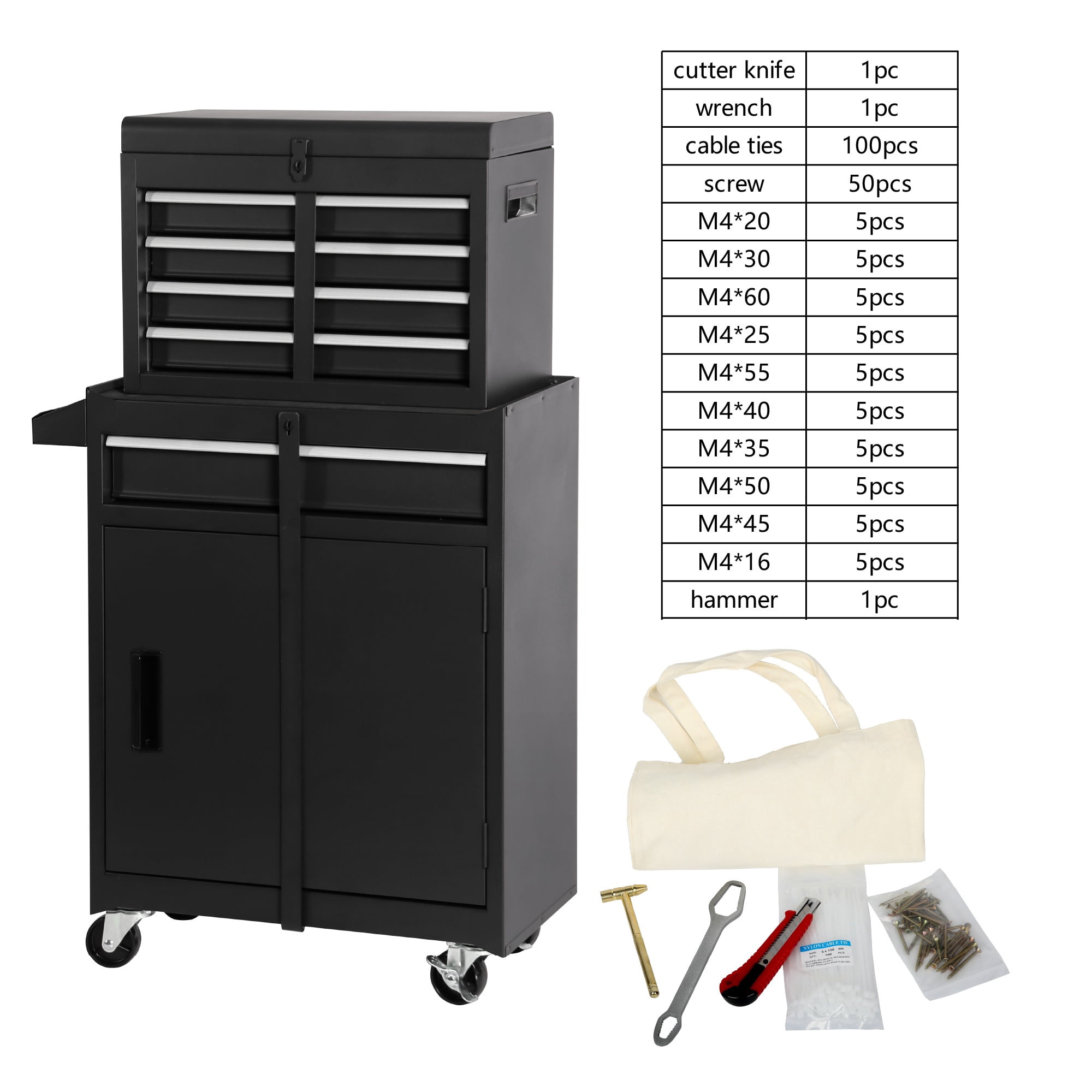 Rolling Tool Box, 5-Drawer Tool Chest On Wheels, Heavy Duty Garage Storage Cabinet with Top Box, 154pcs tools, Detachable Tool Organizer Lockable