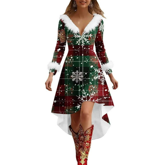 Dresses for Women Christmas Print V Neck Fringed Long Sleeved Fashion Casual Dress