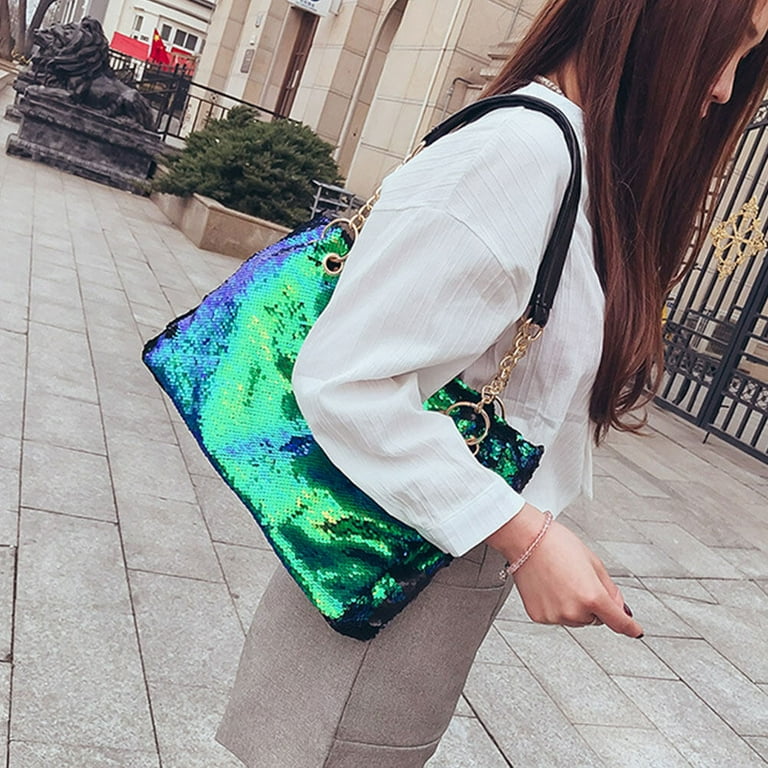 Large Capacity Fashion Glitter Handbag Purse Two Tone Reversible Sequins Tote Bag Zipper Shoulder Bag with Chain and PU Leather Straps for Women
