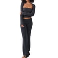 thumbnail image 2 of Biezeib Women’s 2 Piece Fall Outfits Long Sleeve Square Neck Crop Tops + Flare Pants Set Streetwear, 2 of 6