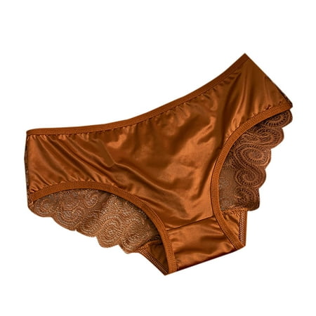TFEOQRY Women s Briefs Underwear Solid Color Low Waiste Lace Bow Mid Hollow Out Mesh Gauze Briefs Brown