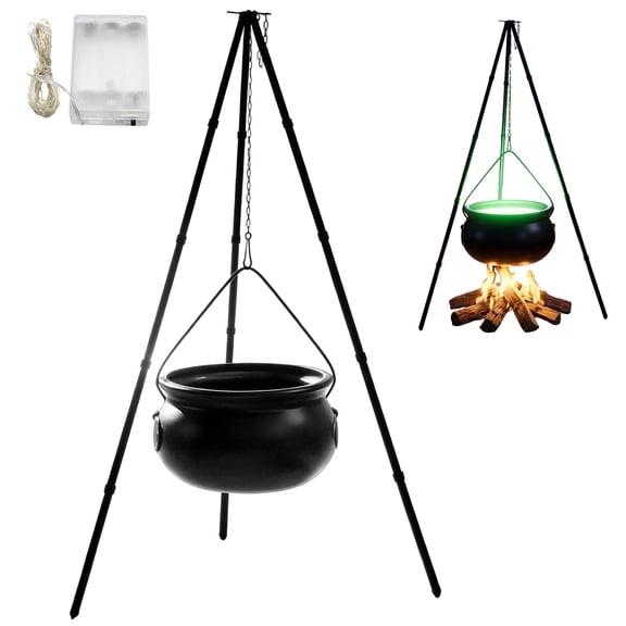 Outdoor Halloween Decorations,Large Witches Cauldron on Tripod with Green LED Lights,Black Plastic Cauldron,Candy Bucket Decor for Yard Home Porch