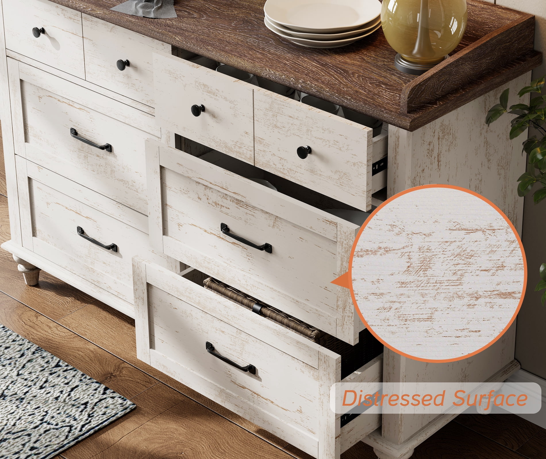 3 Piece Dresser and Nightstand Sets, Farmhouse Dresser with 6 Drawers, Set of 2 Night Stands with Charging Staion, 3 Piece Bedroom Set, Antique White
