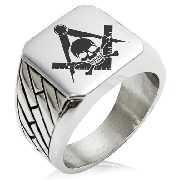 Stainless Steel Freemasons Masonic Skull & Crossbones Geometric Pattern Biker Style Polished Ring