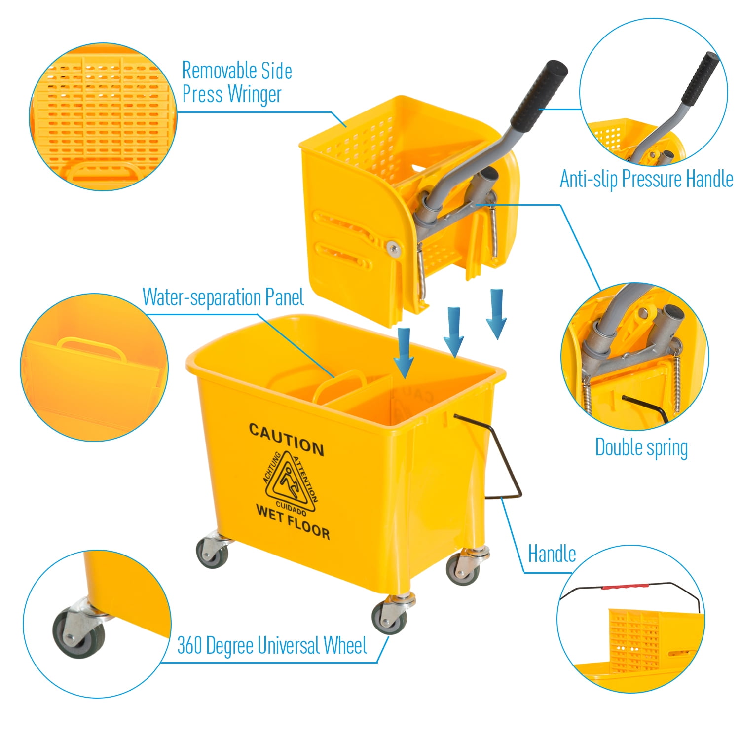 5.28 Gallon Side Press Mop Bucket Ideal for Public Places Floor Yellow, US Stock Household Portable Mop Bucket with Wringer and Wheels Commercial Mop Buckets