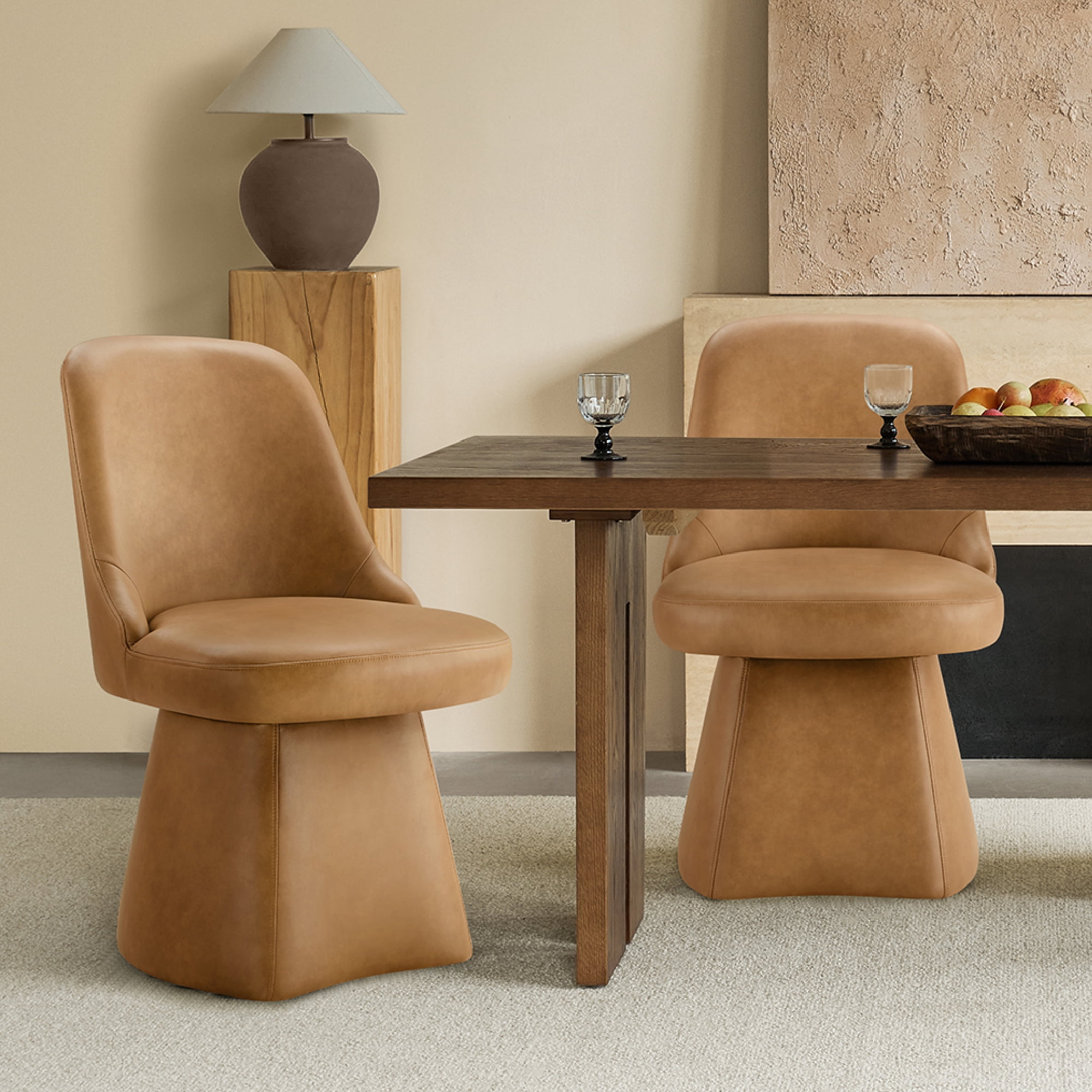 Spruce & Spring Modern 360-Degree Swivel Upholstered Dining Chair, Faux Leather Accent Chair with Conical Base, Saddle Brown