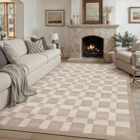berthmeer 8 x10  area rugs for living room dining room bedroom farmhouse office large geometric modern checkered carpets non slip machine washable rugs beige