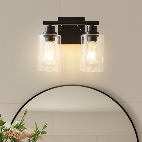 2-Light Black Wall Lamps with Clear Glass Shades, Modern Wall Sconce for Bedroom, Hallway