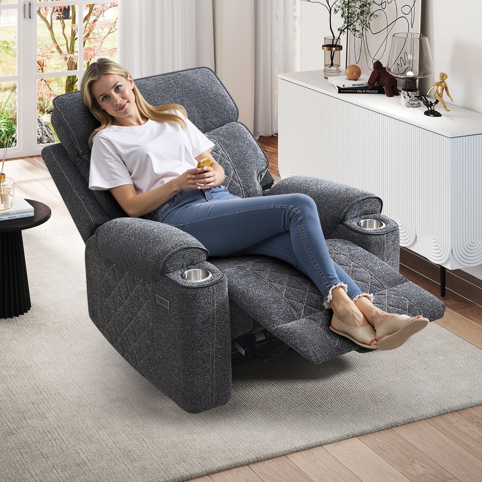Bonzy Home Power Recliner Chair — Electric Fabric Recliner with Cup Holders & USB-C Charging Ports, Diamond Grid Upholstery, Grey