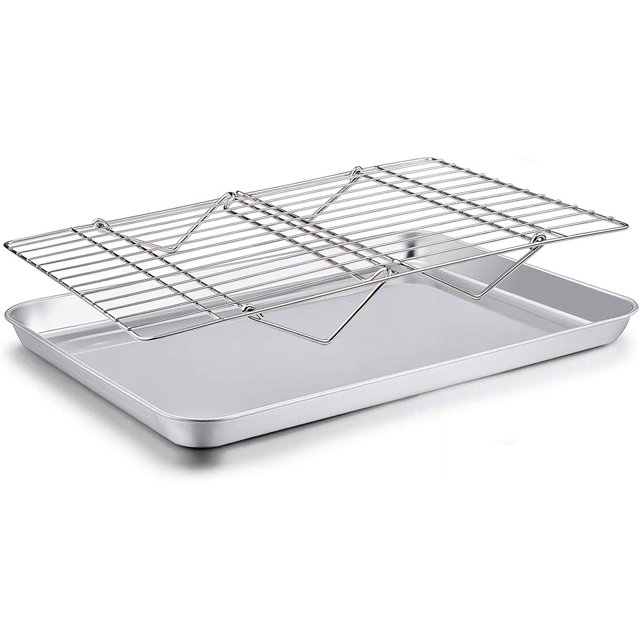 TeamFar Plaque de Cuisson avec Support (1 Poêle & Support à 1 Niveau), Plaque à Biscuits & Rôtissoire Rafraîchissante Empilable en Acier Inoxydable pour Biscuits Bacon Viande, Four & Lave-Vaisselle, Sain