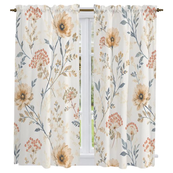 Farmhouse Flowers Kitchen Curtains 63 Inch Length, Watercolor Botanical Floral Branches Tiers Curtains for Living Room Berdoom Bathroom, Light Filtering Drapes Window Treatment 2 Panels 42"Wx63"L