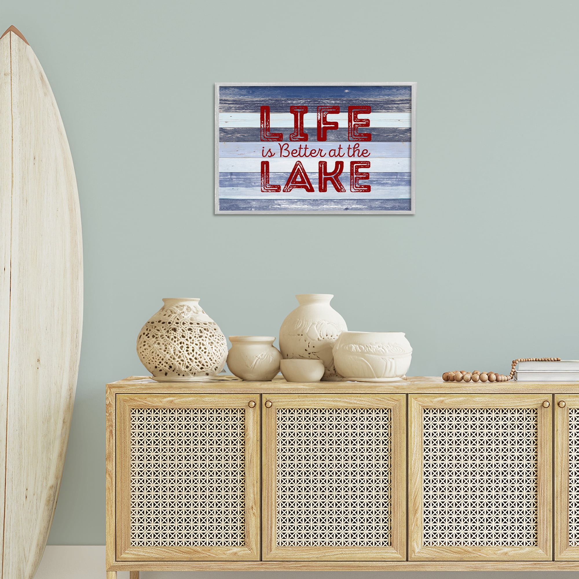 Stupell Industries Life At Lake Striped Coastal Painting Gray Framed Art Print Wall Art, 24 x 16