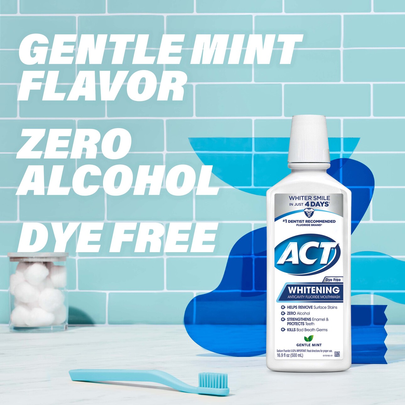 ACT Whitening + Anticavity Fluoride Mouthwash, Gentle Mint, Alcohol Free and Dye Free, 16.9 fl. oz. - image 6 of 9