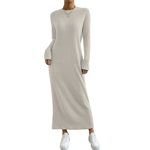 Vestido Tipo Suéter para Mujer, Larga, Tejido Acanalado, Cuello Redondo, Corte Entallado, Informal, para Otoño. Caqui M