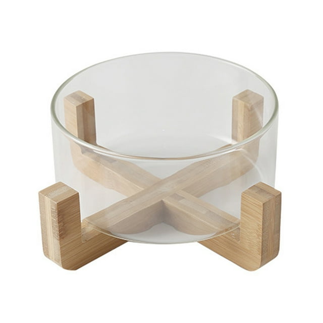 Glass Salad Bowl Transparent Heatproof Fruit Storage Bowl with Wooden Base. A round, transparent glass serving bowl with a durable wooden base featuring a cross design for stability. Suitable for salads, fruits, desserts, and hot foods, with high-temperature resistance and fine craftsmanship.