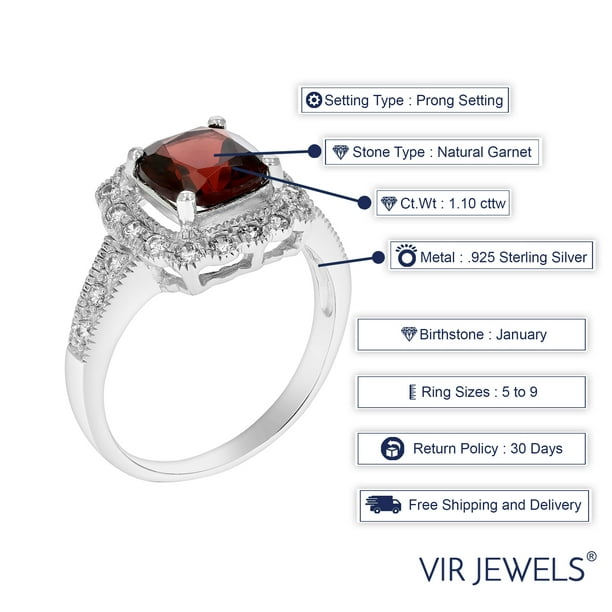 Vir Jewels 1.10 CTTW Garnet Ring .925 Sterling Silver with Rhodium Cushion  Shape 7 MM Size 5 Female Adult