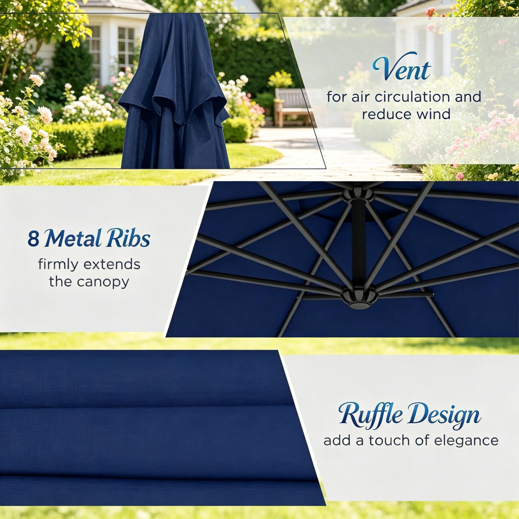 10ft Navy Blue Offset Cantilever Patio Umbrella, Crank Adjustable Tilt Outdoor Sun Shade, UV Waterproof Steel Frame with Stable Cross Base for Garden Backyard