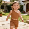 thumbnail image 2 of Toddler Baby Girl 1 Shoulder Tank Top Vest+Shorts Brown Two Piece Outfit Set Casual Summer Clothes 4T, 2 of 5