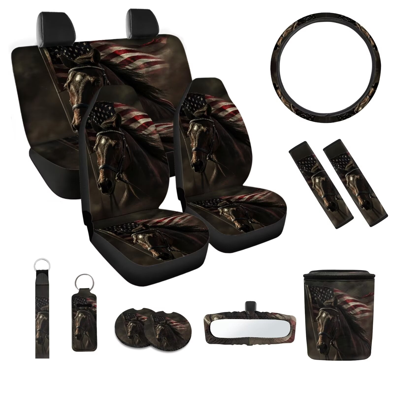JOAIFO Boho Horse Car Seat Covers Full Set with Steering Wheel Cover American Flag Car Decor Black Car Essentials for Women Men Front Seat Covers Back Seat Organizer