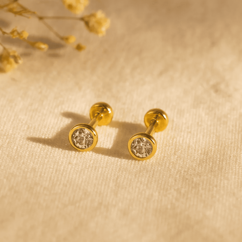 925 Sterling Silver 3mm Round White CZ Stud Earrings, 18K Gold Plated (1 Micron), Bezel Setting, Screw Back, Secure Fit