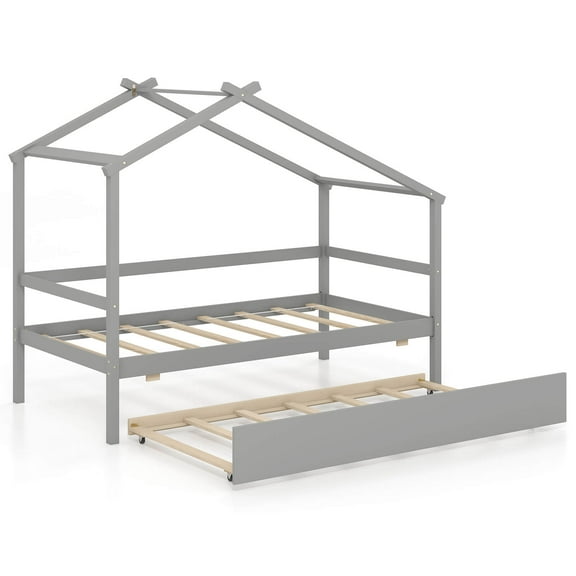 Infans Twin House Bed with Trundle with Roof and Fence Rails Wooden Platform Bed Frame