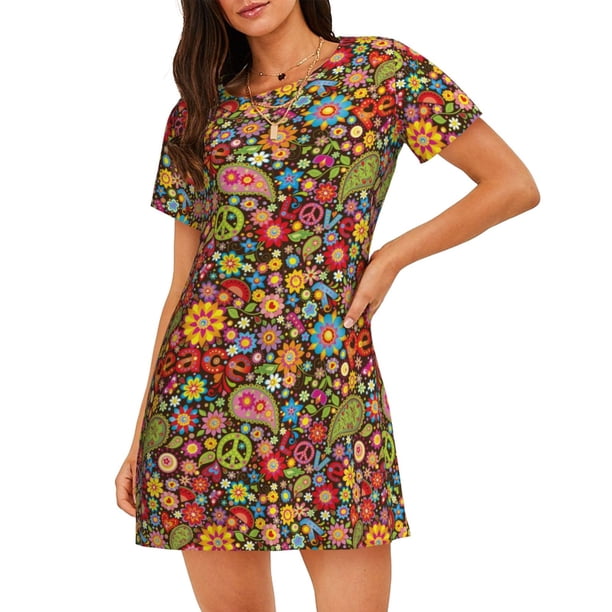 Balery Hippie Peace Love Camisón de manga corta con cuello redondo para mujer, cómodo y elegante.