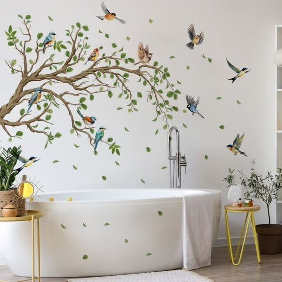 Hummingbird on The Tree Branch Wall Sticker, Green Leaf and Flying Bird DIY Art Vinyl Wall Decal, Self-Adhesive Wall Decoration for Garden Living Room Bedroom Kitchen Playroom Nursery Room