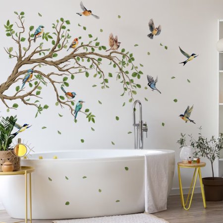 Hummingbird on The Tree Branch Wall Sticker, Green Leaf and Flying Bird DIY Art Vinyl Wall Decal, Self-Adhesive Wall Decoration for Garden Living Room Bedroom Kitchen Playroom Nursery Room