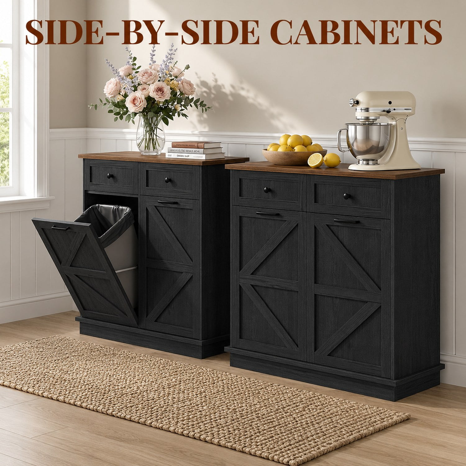 Tilt Out Trash Can Cabinet for Kitchen, Double 10-Gallon Hidden Trash Cabinet with Drawer, Farmhouse Wooden Garbage Cabinet, Dog Proof Trash Can Storage for Kitchen Laundry Living Room Office