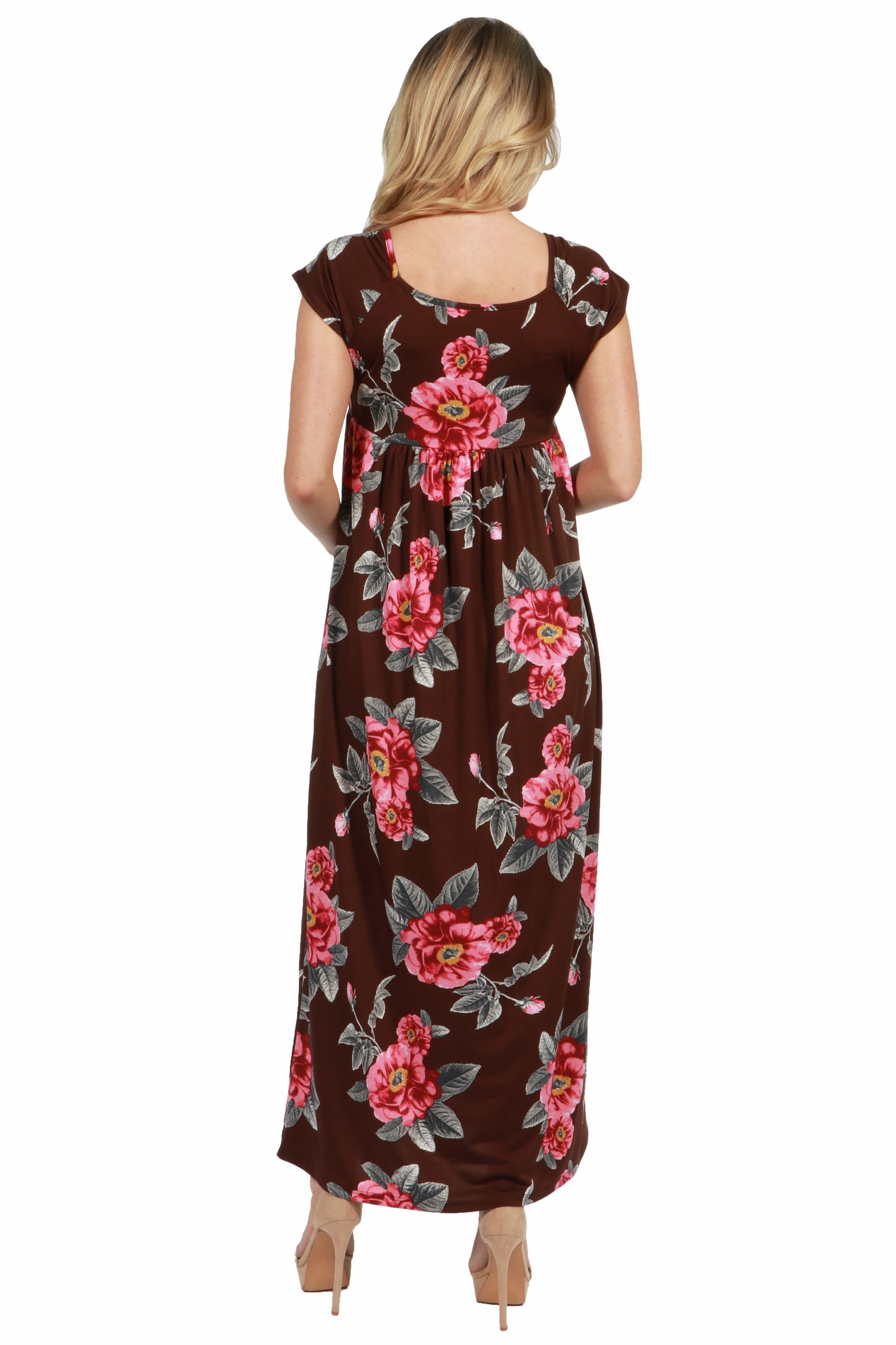 24seven Comfort Apparel Cap Sleeve Empire Waist Pleated Maternity Maxi Dress