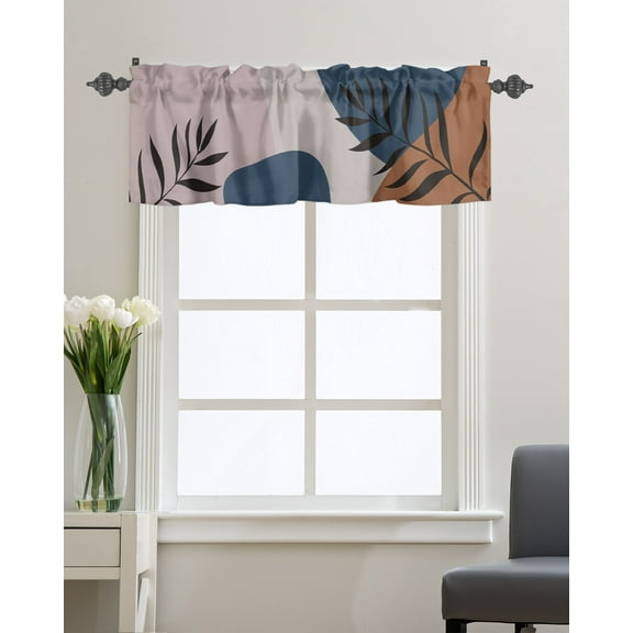 Kitchen Cafe Valance Curtain for Small Windows,Boho Geometric Abstract Leaves Rod Pocket Short Valances Mid Century Plant Art Window Treatment Panel for Living Room/Bedroom/Bathroom,54x18in