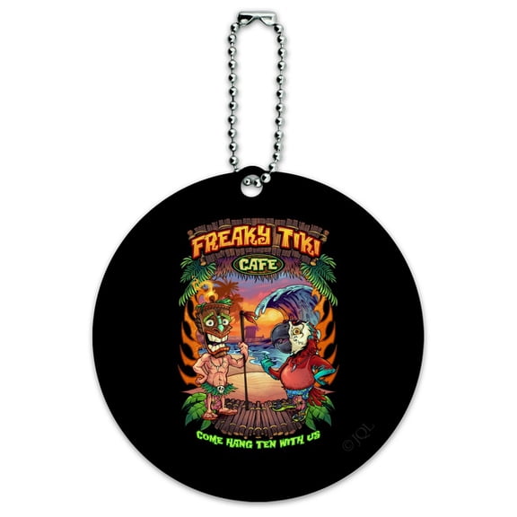Freaky Tiki Cafe Parrot Tropical Beach Island Round Luggage ID Tag Card Suitcase Carry-On