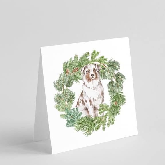 Australian Shepherd Red Merle with Christmas Wreath Square Greeting Cards and Envelopes Pack of 8 5 in x 5 in