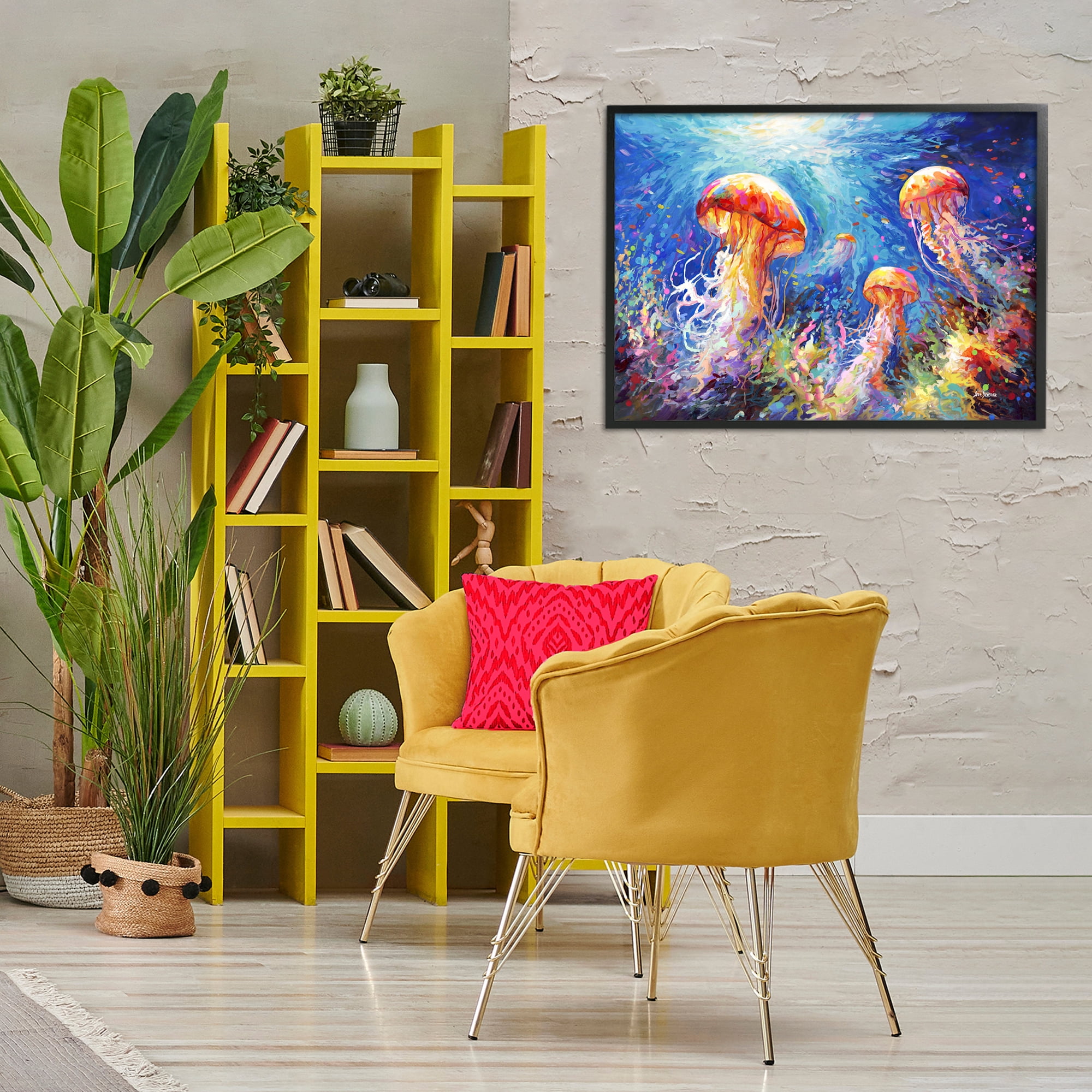 Stupell Industries Jellyfish Serenade Underwater Animals & Insects Painting Black Framed Art Print Wall Art, 30 x 20
