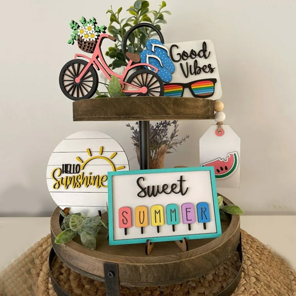 Summer Tier Tray Decor Summer Decor Summer Time Hello Summer Hierarchical Tray Decorative Set Summer Wooden Logo Rural Farmhouse Decorative Wooden Kitchen Hierarchical Tray Wooden Tie Stand 3 Coffee