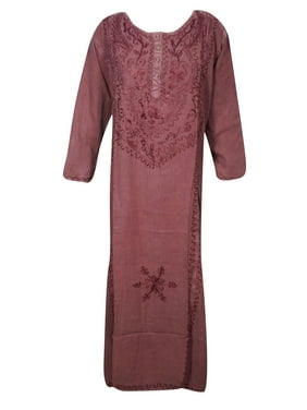 Mogul Women's Tunic Long Dress Pink Rayon Embroidered Stonewashed Button Up Long Sleeves Ethnic Shift Dresses